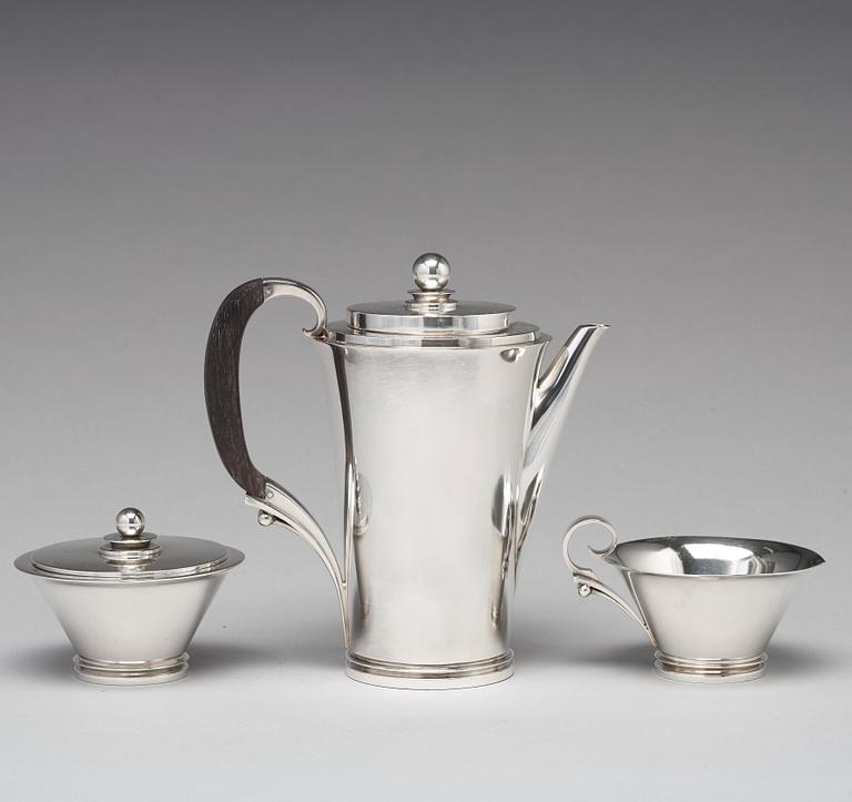 Harald Nielsen, a "Pyramid" sterling three pieces coffee service, Georg Jensen, Copenhagen 1933-44, designnr 600A,