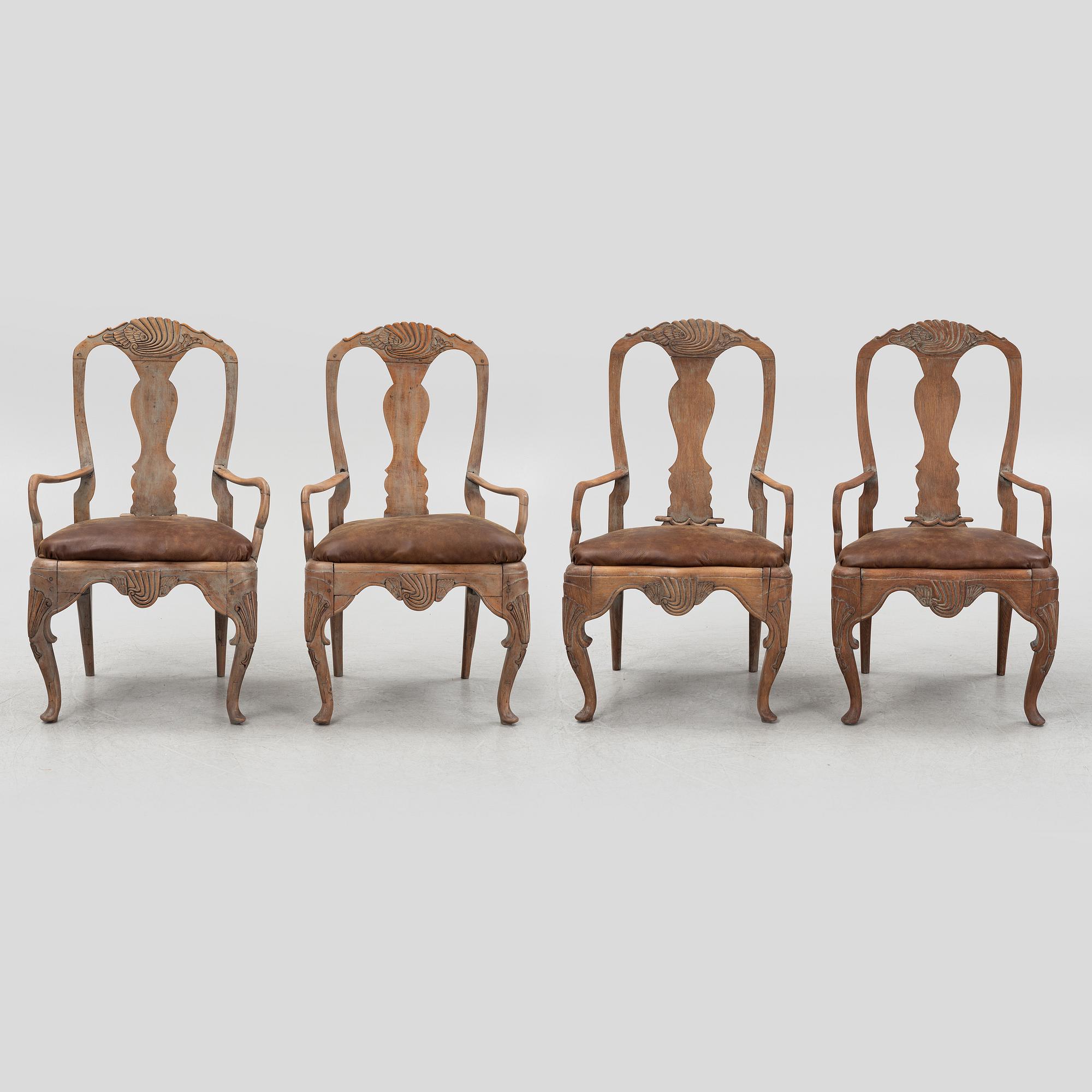 Two pairs of Norwegian armchairs, Baroque, 18th Century and Baroque style, circa 1900.