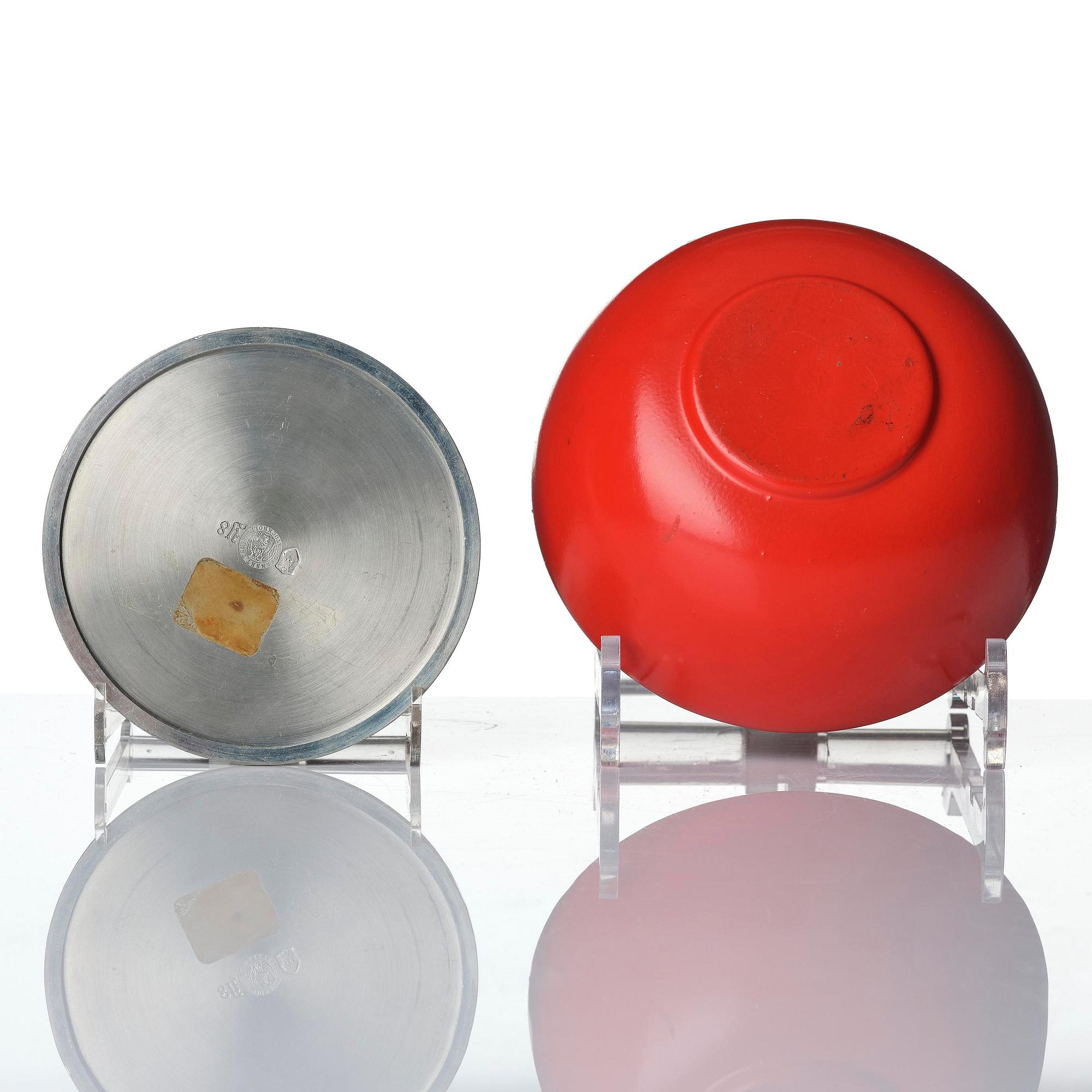 Josef Frank, a red lacquered brass bowl with a pewter cover, Firma Svenskt Tenn, Stockholm, 1949.