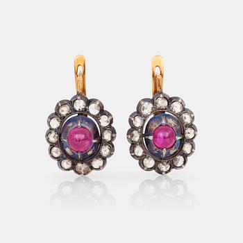 616. A pair of ruby and old-cut diamond earrings by Hlebnikoff, Moscow, 1899-1908.