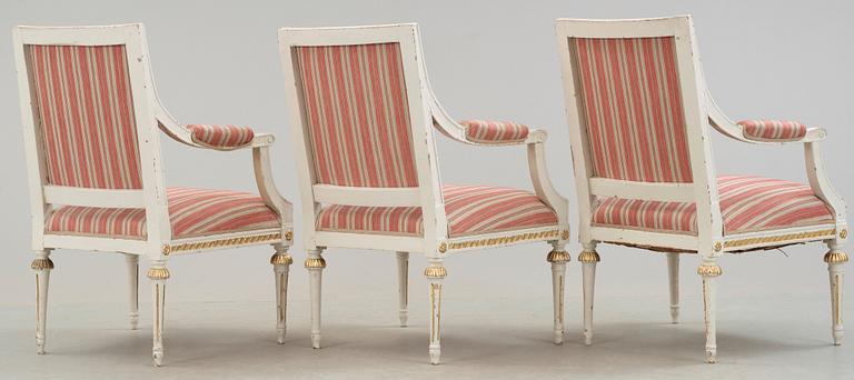 A set of three late Gustavian circa 1800 armchairs.