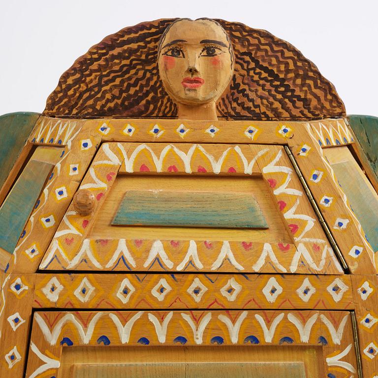 Gérard Rigot, a painted and carved oak cabinet, exectued in his studio, France, second half of the 20th century.