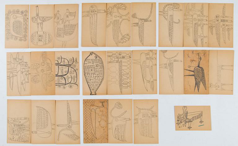 Birger Kaipiainen, kokoelma alkuperäisiä luonnoksia, 25 kpl, lyijykynä, Rörstrandin poissaolokorteille, 1954–1958.