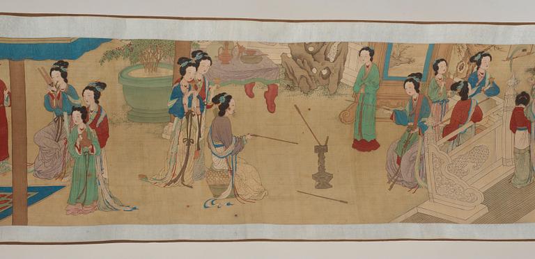 A fine painting of 100 ladies and attendants in a palace garden, and with calligraphy, late Qing dynasty (1644-1912).