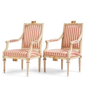 A pair of Gustavian open armchairs, Stockholm, late 18th century.