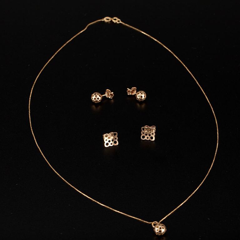 HÄNGSMYCKE, 2 par ÖRHÄNGEN, guld 14K, Liisa Vitali, N. Westerback 1973. Vikt 4,1 g.