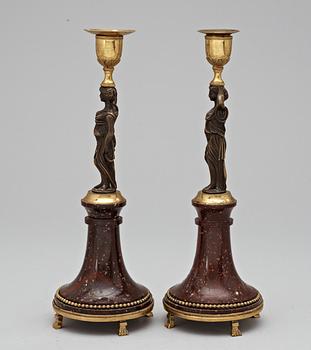 A pair of late Gustavian circa 1800 porphyry and bronze candlesticks.
