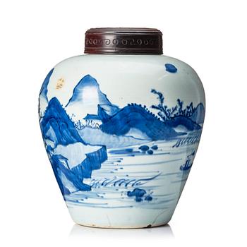 1112. A blue and white Transitional jar, 17th Century.