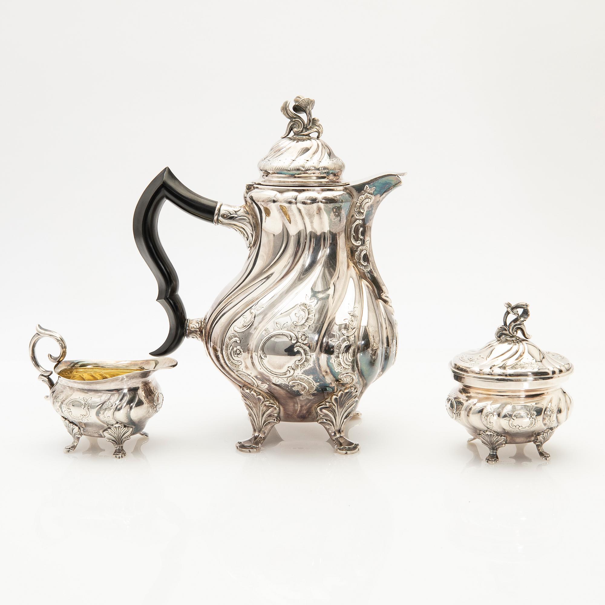 Coffee service, 3 pieces, silver, Rococo style, 1960s.