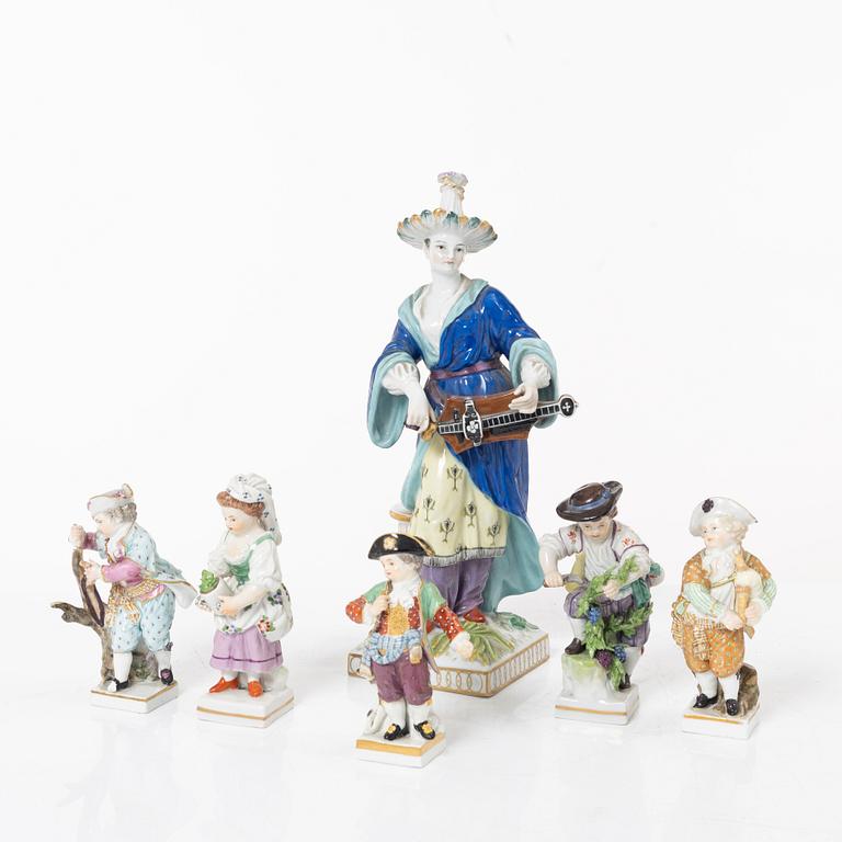 Six porcelain figurines, Meissen, Berlin and Vienna.