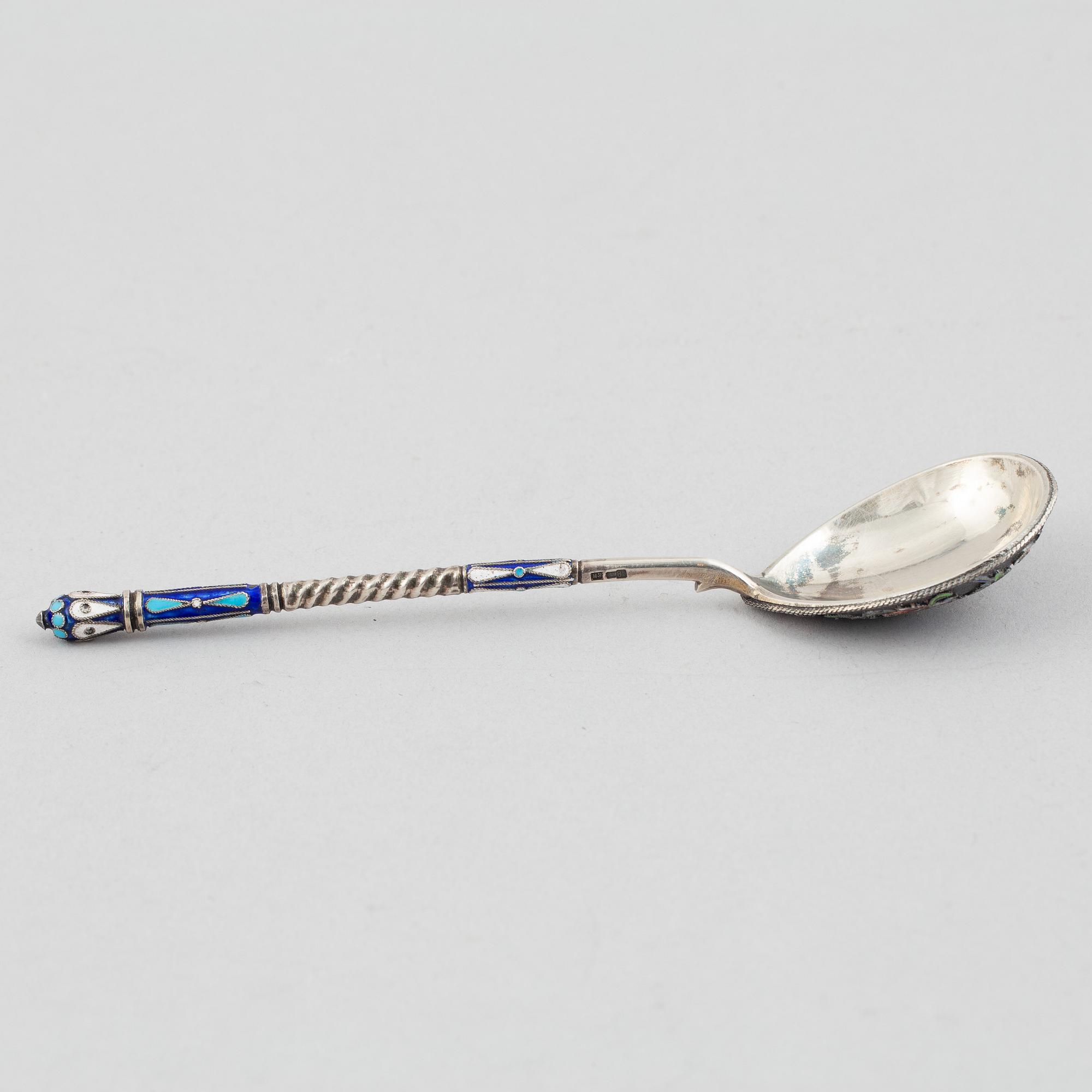 A Russian silver and enamel spoon, Moscow, 1908-26.