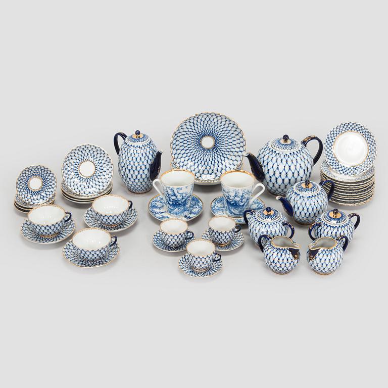 A  'Cobalt Net' porcelain coffee and tea service, Lomonosov, Soviet Union.