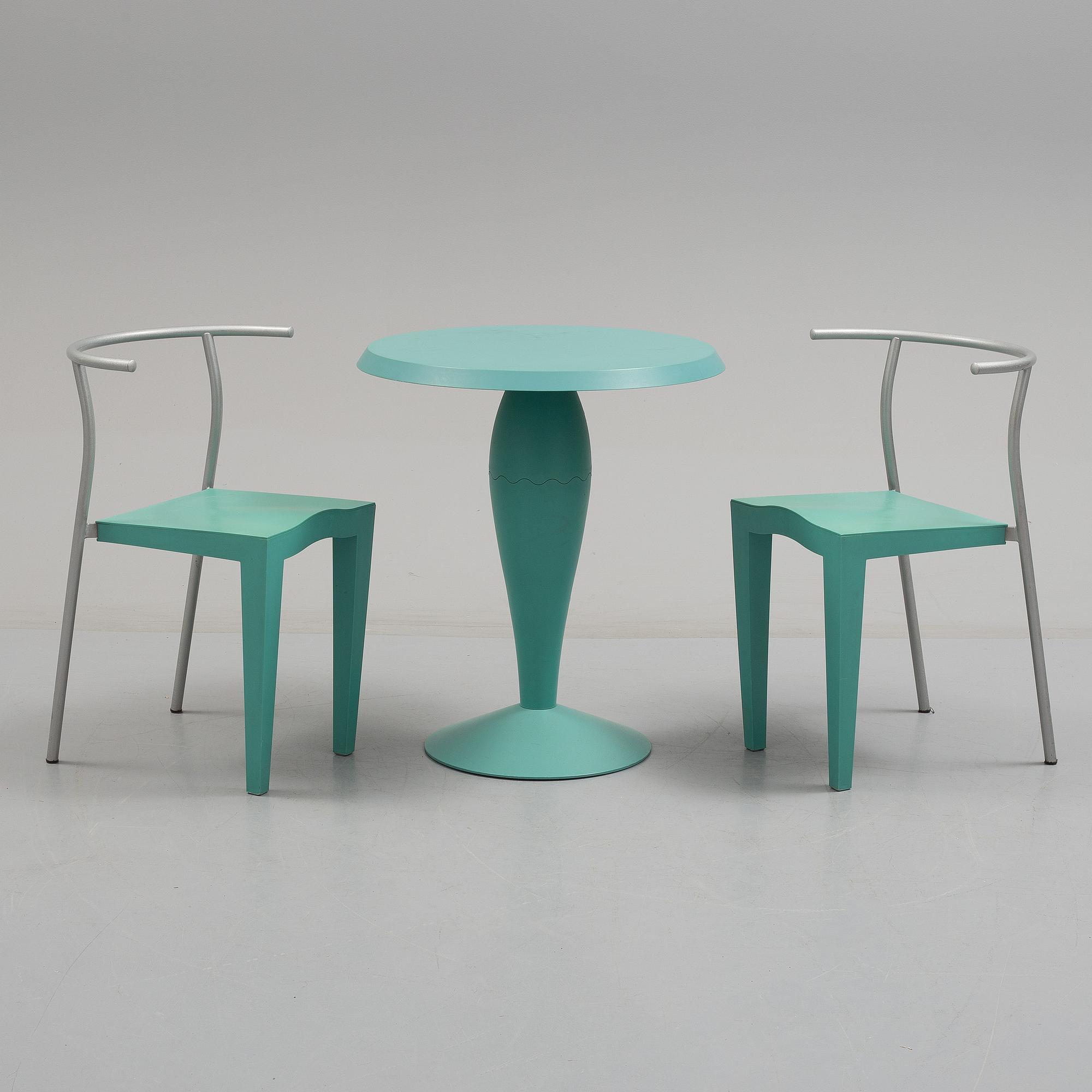 PHILIPPE STARCK, a "Miss Balù" table and a pair of "Dr Glob" chairs, Kartell.