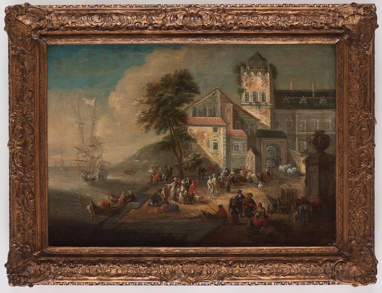 Dutch school, 17th/18th century, landscape with ruins and figures by the coast, a pair.