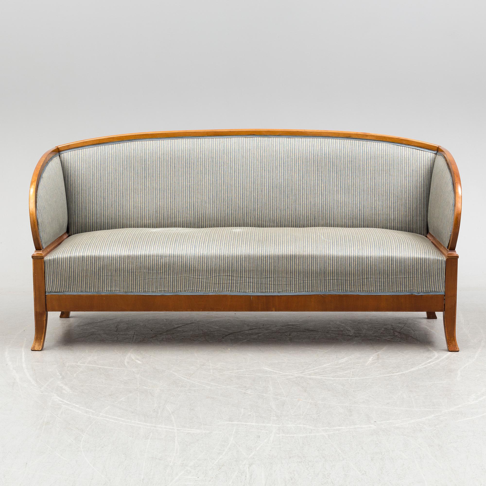 SOFA, TABLE AND FIVE CHAIRS, mid 20th century.