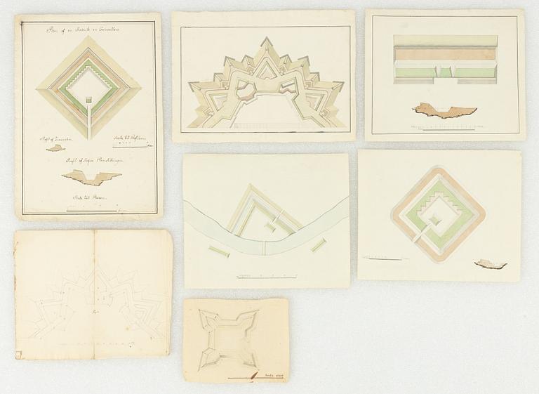 Ritningar till befästningar, 1700-tal, 7 st, bl a "Plan af en Redoute en Gremaillere".