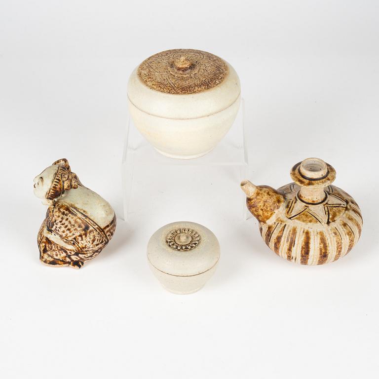 Two Sawankhalok boxes with covers, a kendi and a joss stick holder, Thailand, 14th/17th Century.