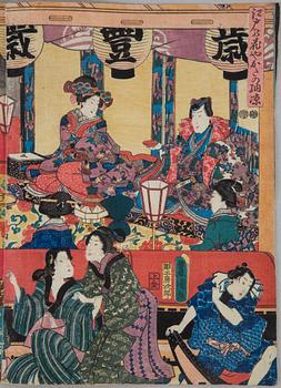 A Japanese colored woodblock print, triptych, Meiji (1868-1912).