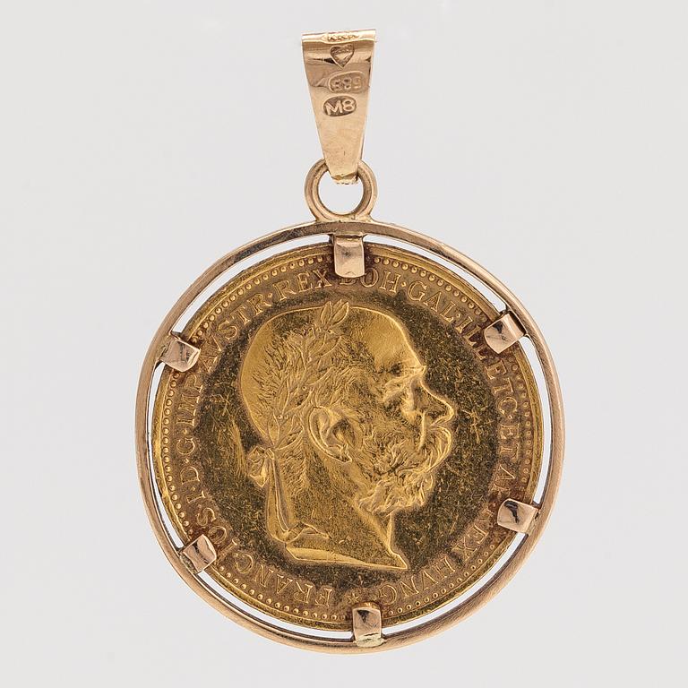 Kolikko, riipus, Frans Josef I, Itävalta-Unkari, 1895. 20 Coronaa, n. 21K (.900) ja 14K kultaa.