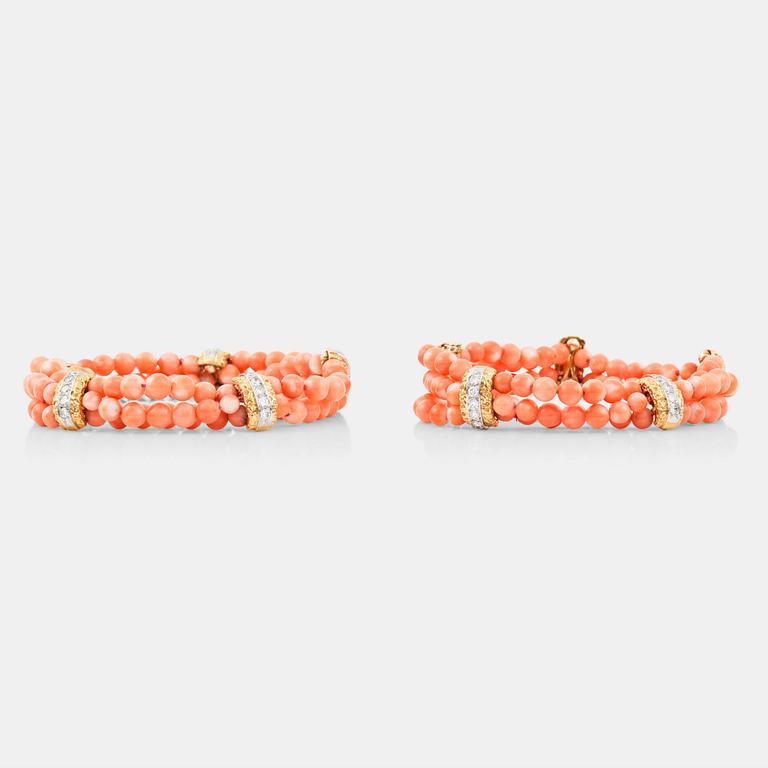 A brilliant-cut diamond and coral necklace that can be worn as two bracelets, signed V.C.A for Van Cleef and Arpels.