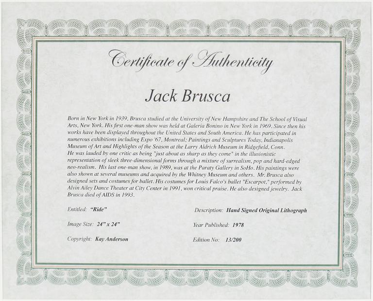 JACK BRUSCA, färglitografi. Signerad och daterad 1978, numrerad 13/200.