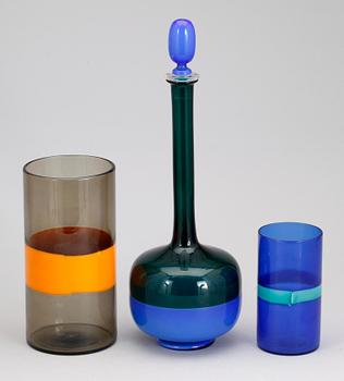 KARAFF SAMT VASER, 3 st, glas, troligen Venini, Murano, Italien.