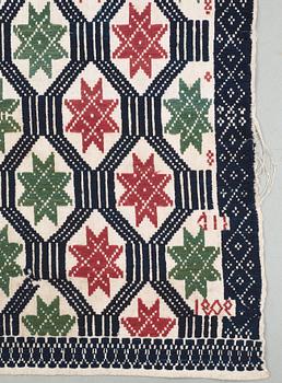 BED COVER, weft-patterned tabby type. "Star bed cover". 157 x 116,5 cm. Scania, Sweden, signed IID (?) and dated 1806 (9?). Probably Bara district.