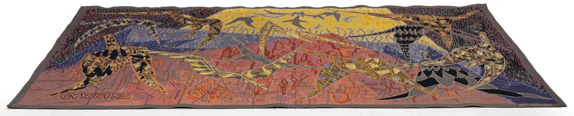 Lars Gynning, vävd tapet "Flyttfåglar", gobelängteknik, ca 230 x 150 cm, PF Aubusson signerad Gynning.