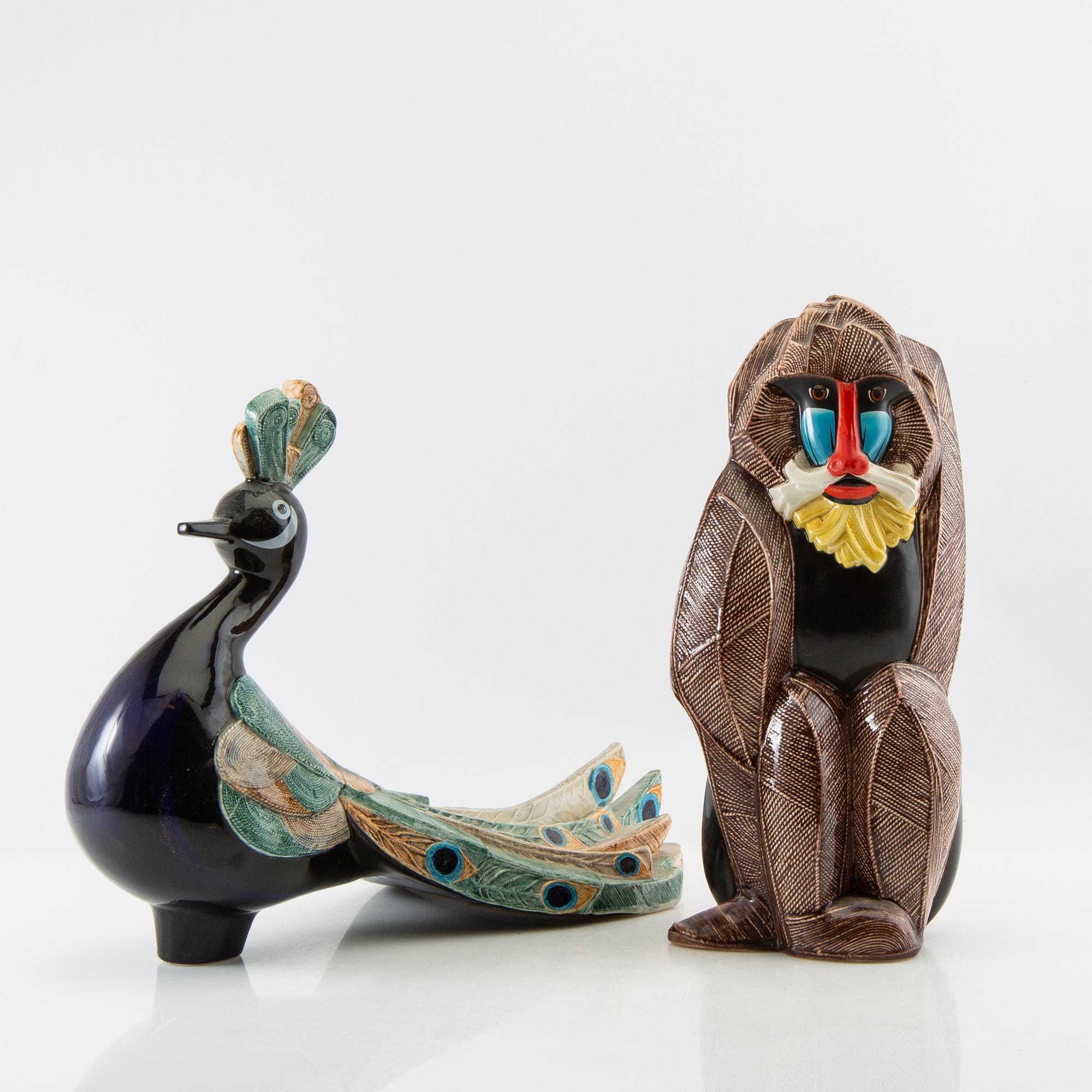 Figurines 2 pcs Gobel Peacock and Monkey 1980s porcelain.