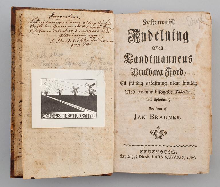 BOK: Jan Brauner, Systematisk Indelning af all Landtmannens Brukbara Jord, tryckt hos Lars Salvius, Stockholm 1765,