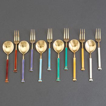 DAVID ANDERSEN, a 12 piece gilt and enamelled sterling silver cultery set, Norway.