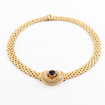 Gold, sapphire and round brilliant cut diamond necklace.