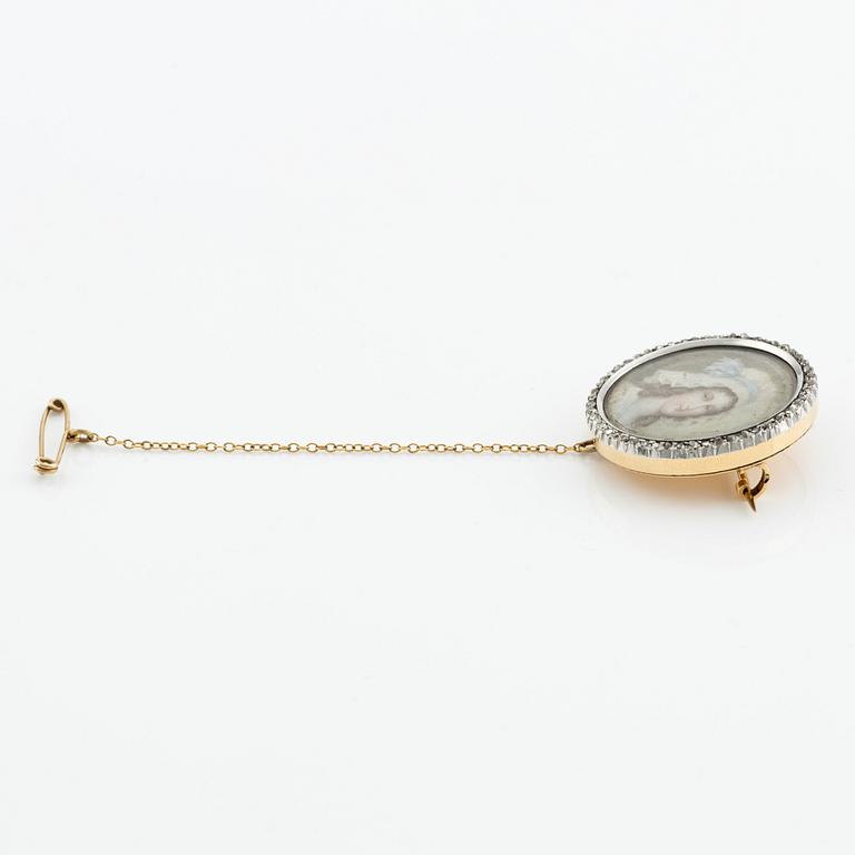 Brooch in gold with miniature portrait, wreath with rose-cut diamonds.