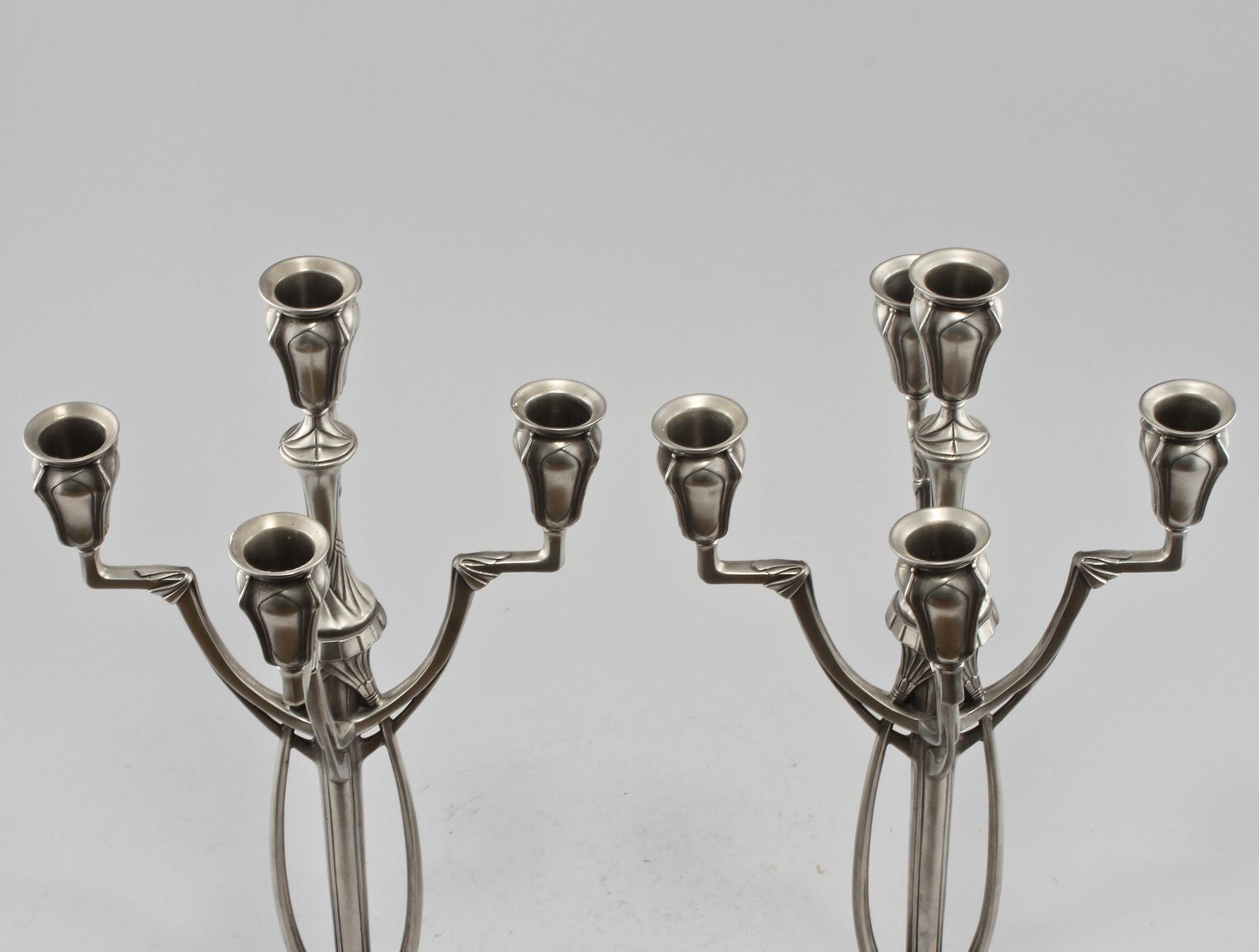 KANDELABRAR, ett par, tenn, jugendstil, kopia efter WMF, 1900-tal.
