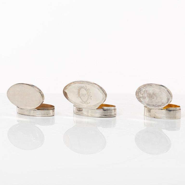 Five Swedish silver boxes, 18th-19th Century.