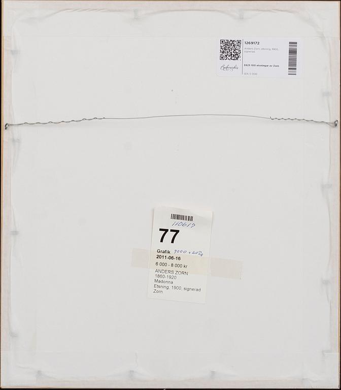 Anders Zorn, etsning, 1900, signerad.