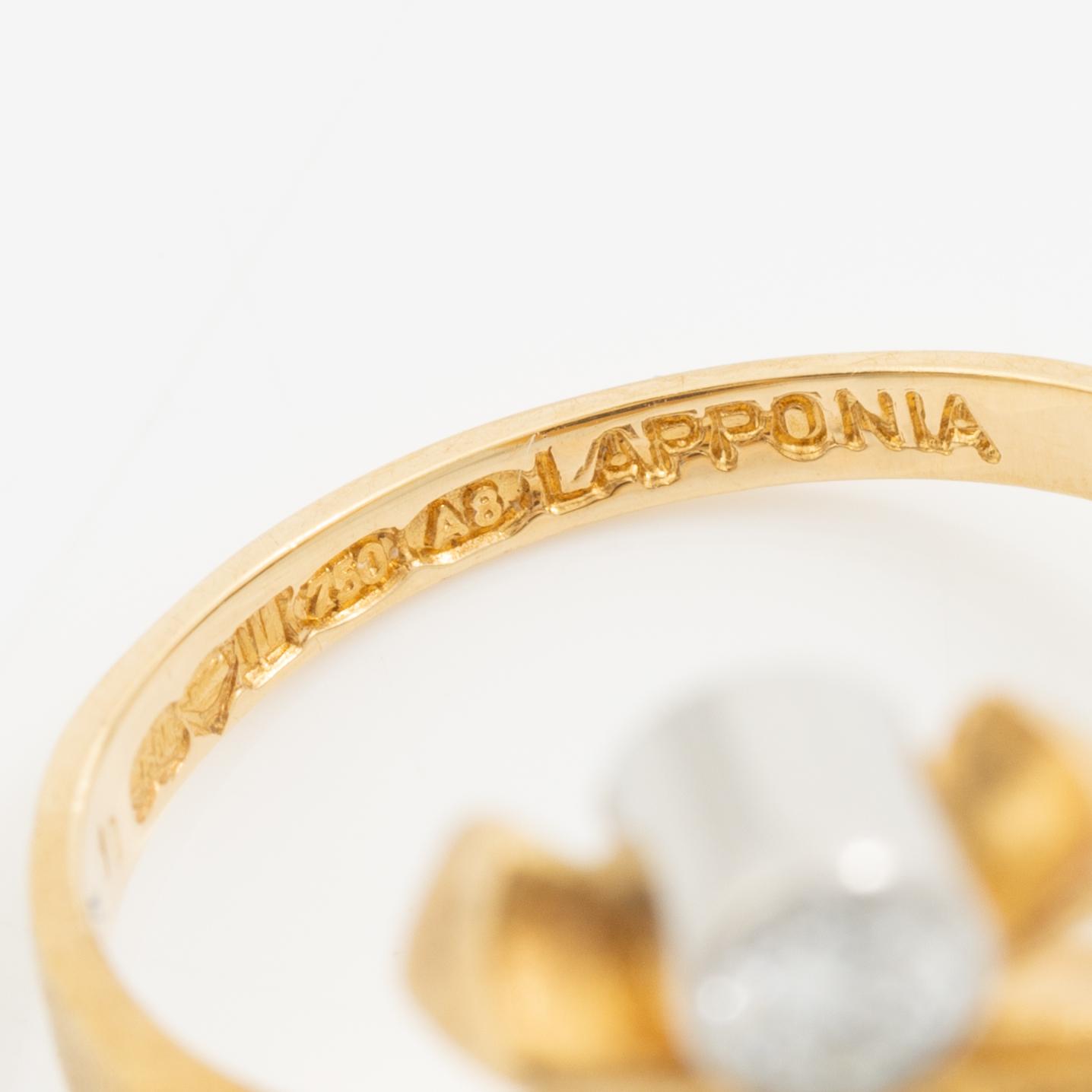 Lapponia, ring 18K gold with a blue stone likely of feldspar and a round brilliant-cut diamond, Finland 1978.