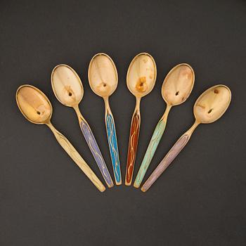 A 12-piece set of enamelled dessert cutlery in gilt sterling silver, Thorvald Marthinsen, Norway, Swedish import marks.