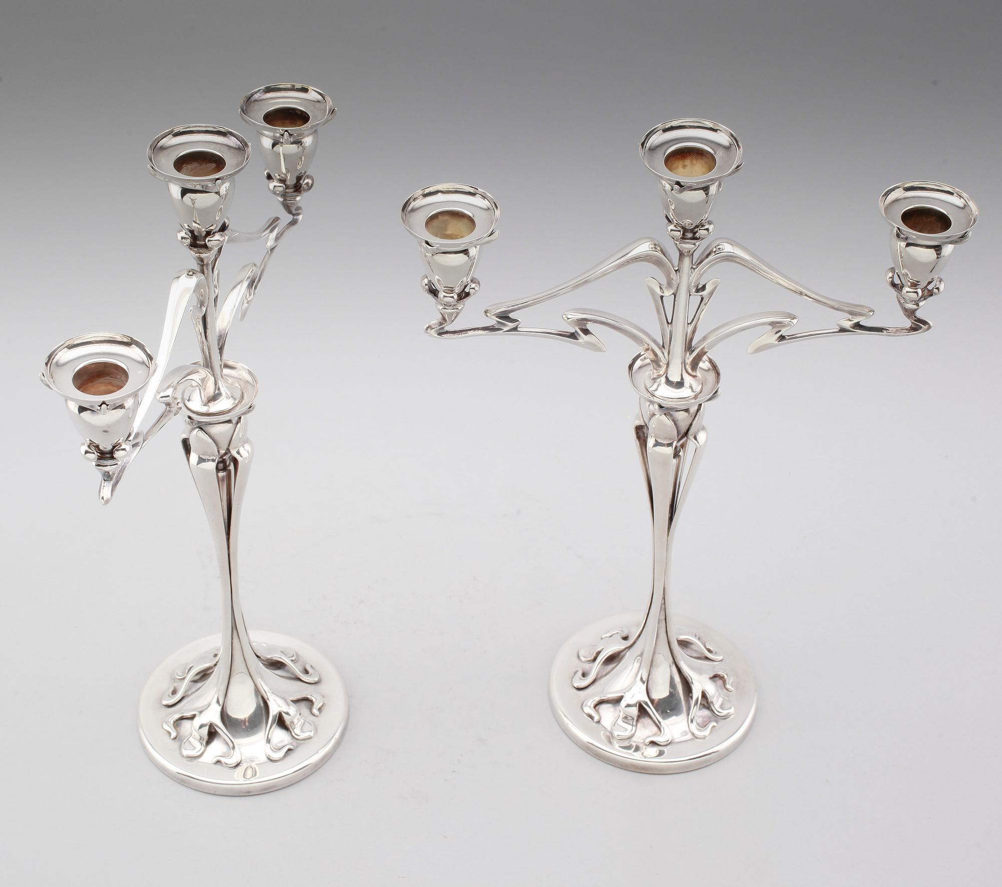 KANDELABRAR, 1 par, nysilver, jugend, tidigt 1900-tal.