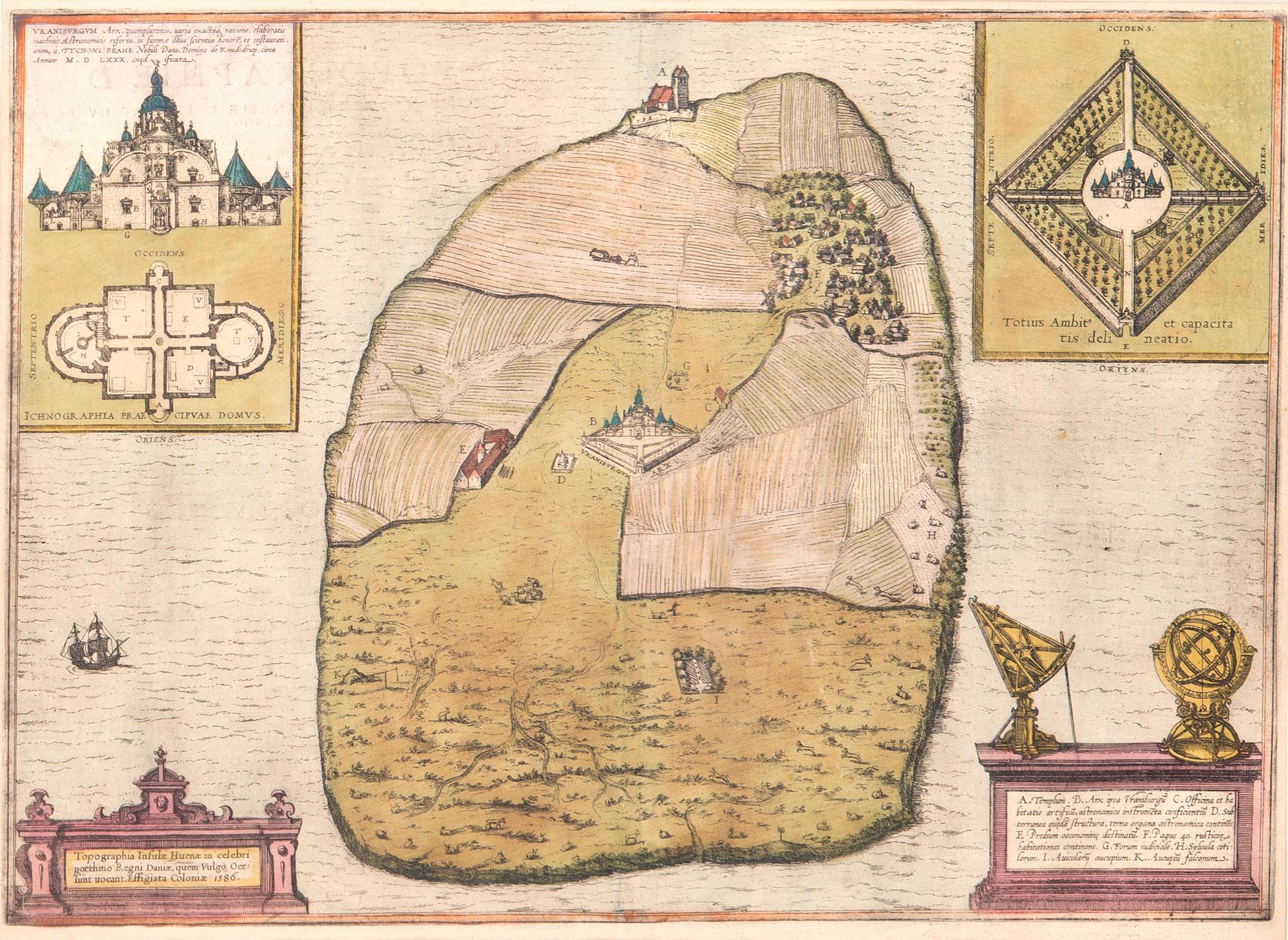 Georg Braun & Frans Hogenberg, karta över Ven / Hven, handkolorerat kopparstick, Köln ca 1586.