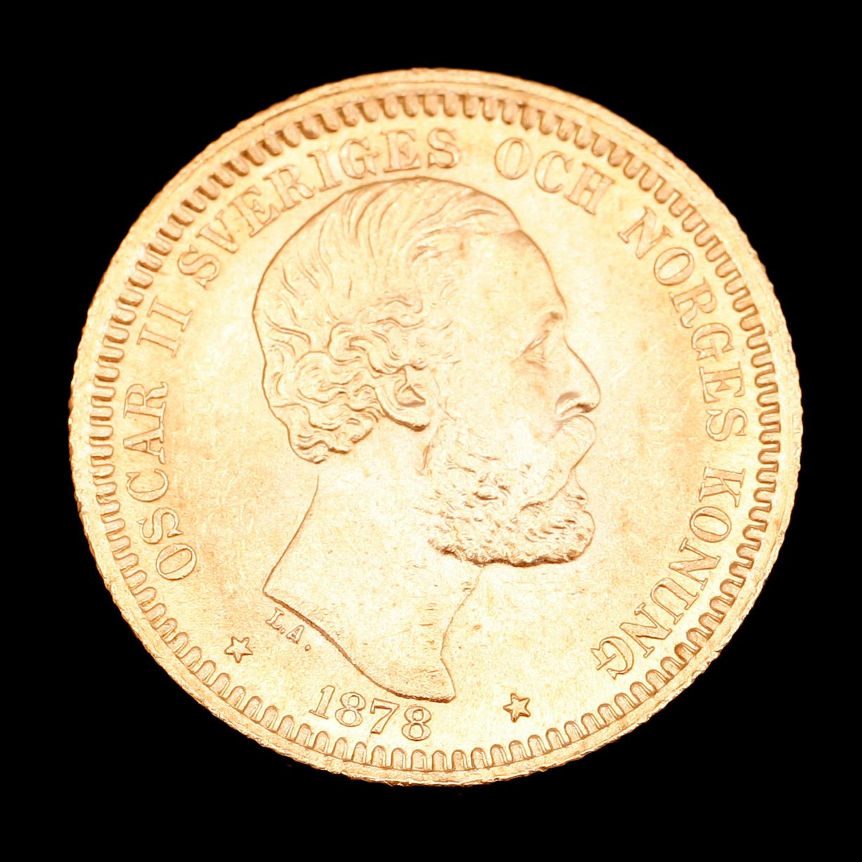 GULDMYNT, 20 kr, Oscar II, 1878. Vikt ca 9 gr.
