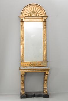 A EMPIRE CONSOLE TABLE AND MIRROR, FIRST HALF OF 19TH CENTURY.