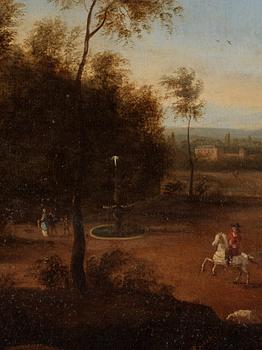 Unknown artist, 18th Century, Landscape with figures and riders beside a manor, a pair.