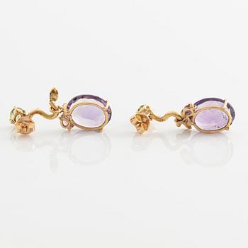 Earrings with oval amethysts, peridot, tourmaline, and small diamonds.