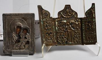 IKONER, 4 st, trä, mässing, silver, bla S:t Petersburg sent 1800-tal.