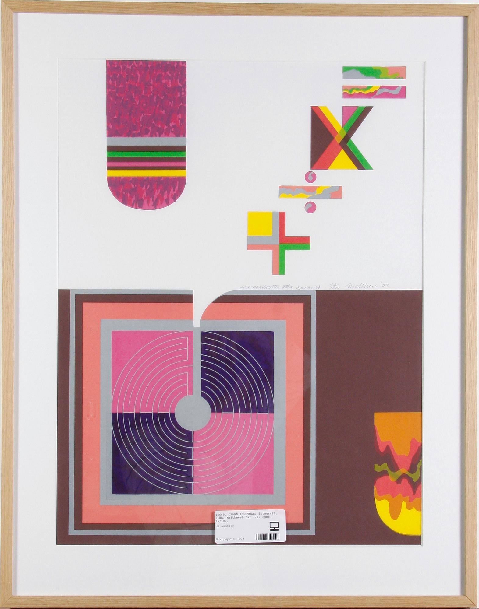 MATTHEWS, PETER, litografi, sign. Dat -73. Numr. 26/100.