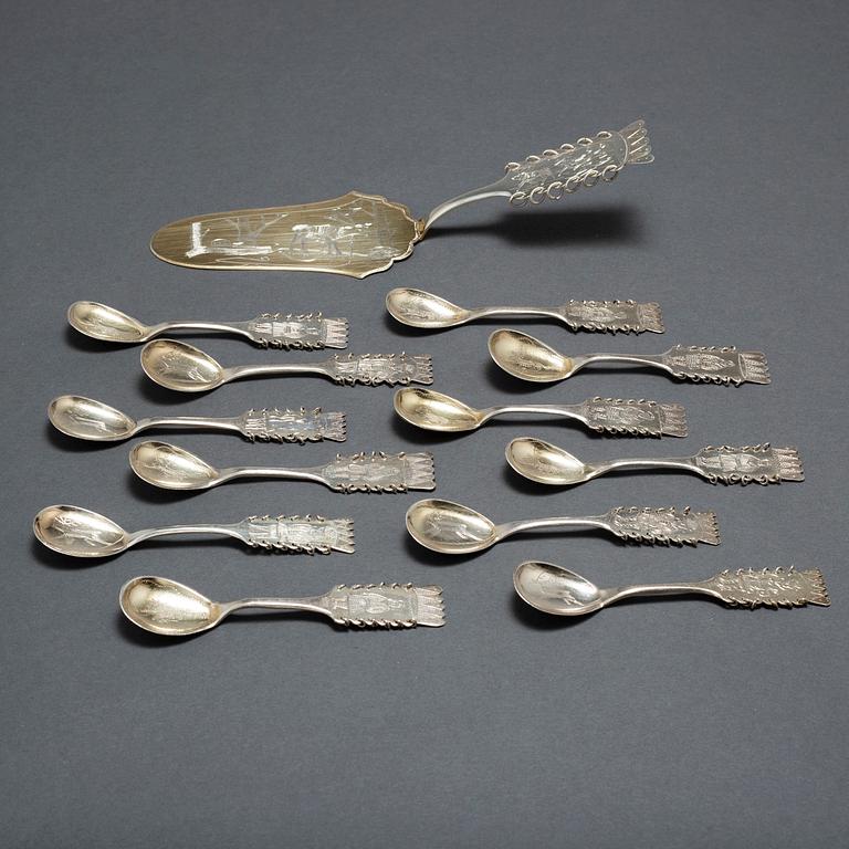 A SILVER CAKE KNIFE AND 12 COFFEE SPOONS, samian, second half of the 20th century.