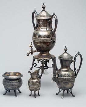 SAMOVAR samt KANNA, SOCKERSKÅL  och GRÄDDKANNA, ca 1870-80, plate USA.