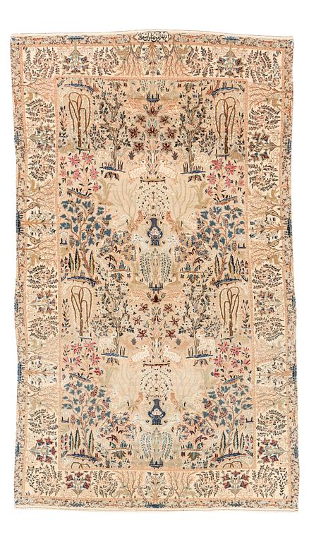 A semi-antique pictoral, part silk, Nain rug, signed by Pahlevan Motefai, ca ca 172 x 101 cm.