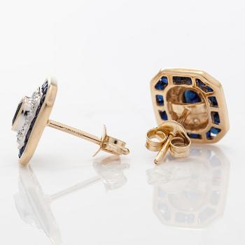 A pair of 14K gold earrings with sapphires and eight-cut diamonds. Finnish hallmarks.